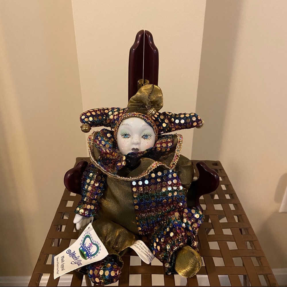 Porcelain MardiGras Jester Doll Soft Body Figurine